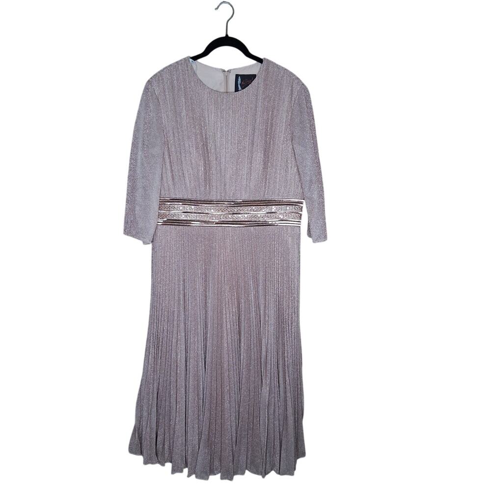Ladies Mac Duggal Metallic Rose Gold Pleated Midi Cocktail Holiday Dress Size 14